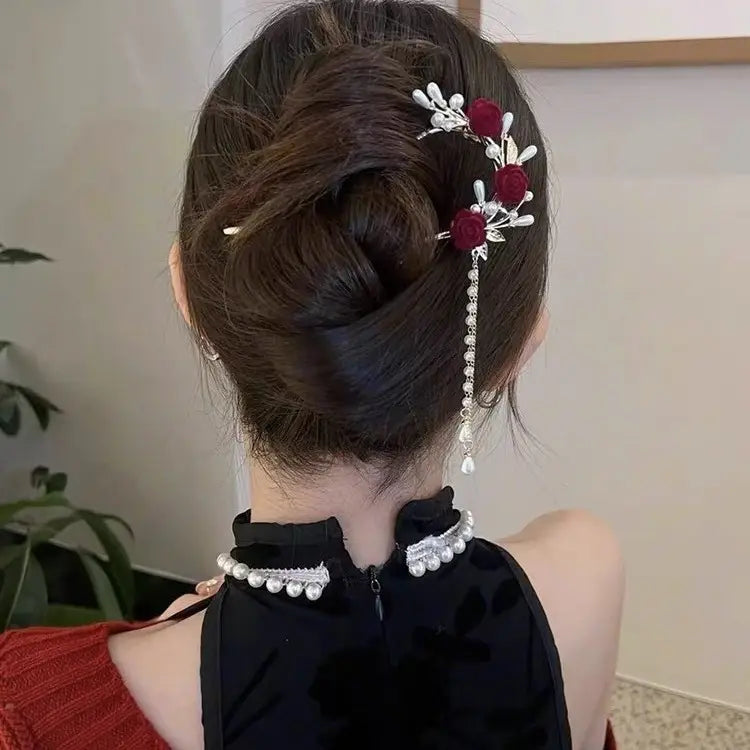 Chinese U Shape Hair Stick Women's Red Flower Tassel Hairpin BlackOwl