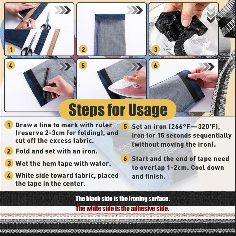 5M Self Adhesive Trousers Edge Jeans Clothes Length Shorten Repair Iron-On Hem Tape