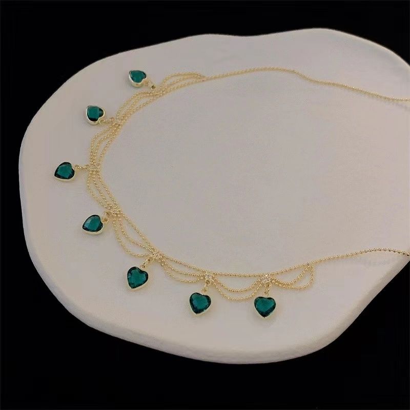 Heart-shaped Green Crystal Chain Necklace For Women