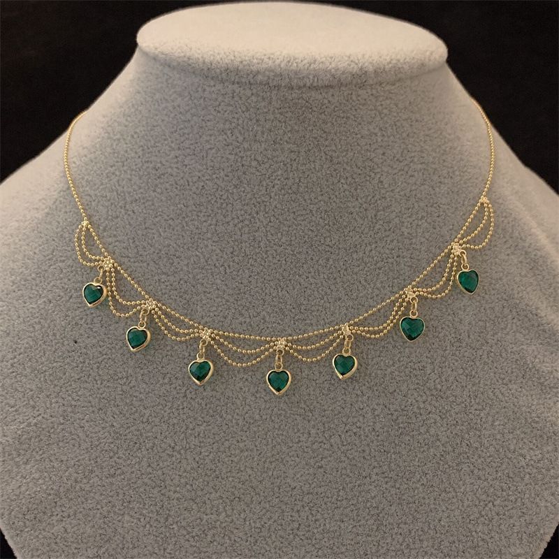 Heart-shaped Green Crystal Chain Necklace For Women