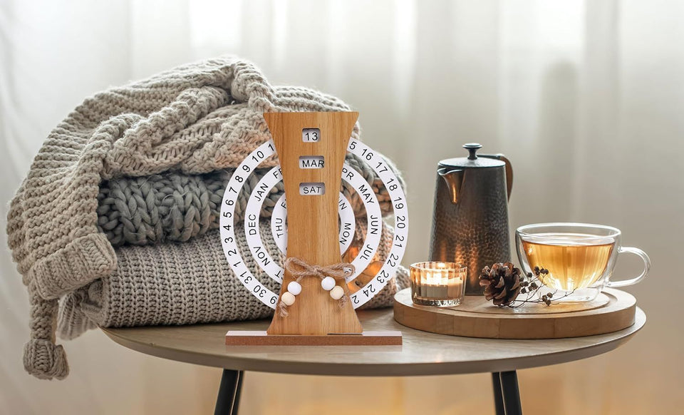 Wooden Perpetual Calendar Manual Rotation Home Decoration