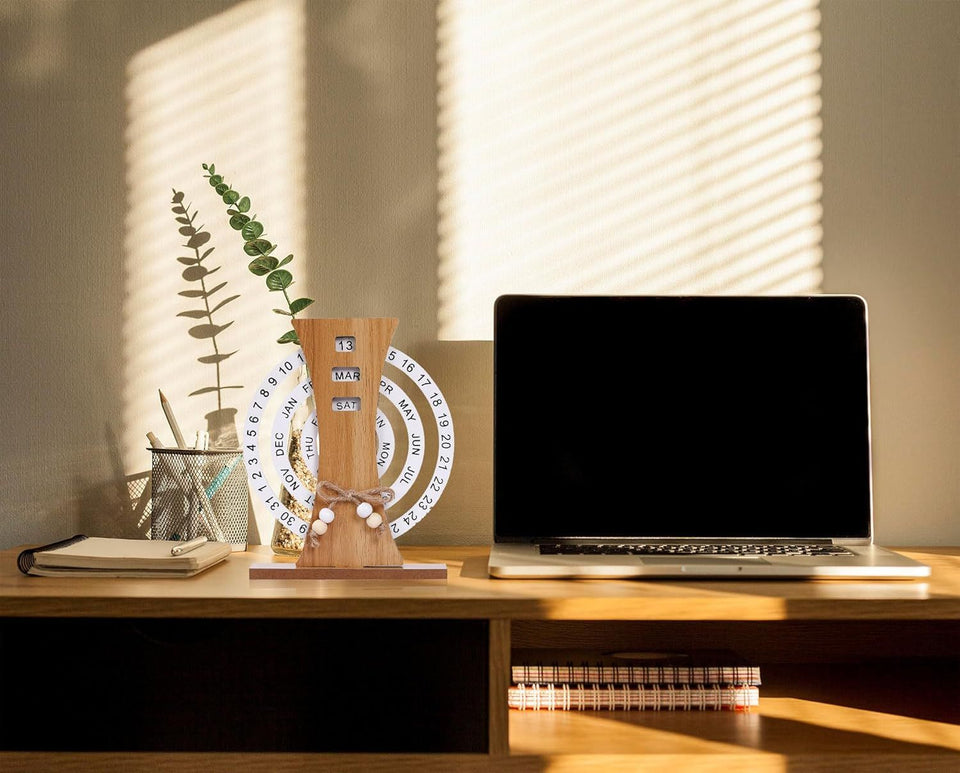 Wooden Perpetual Calendar Manual Rotation Home Decoration