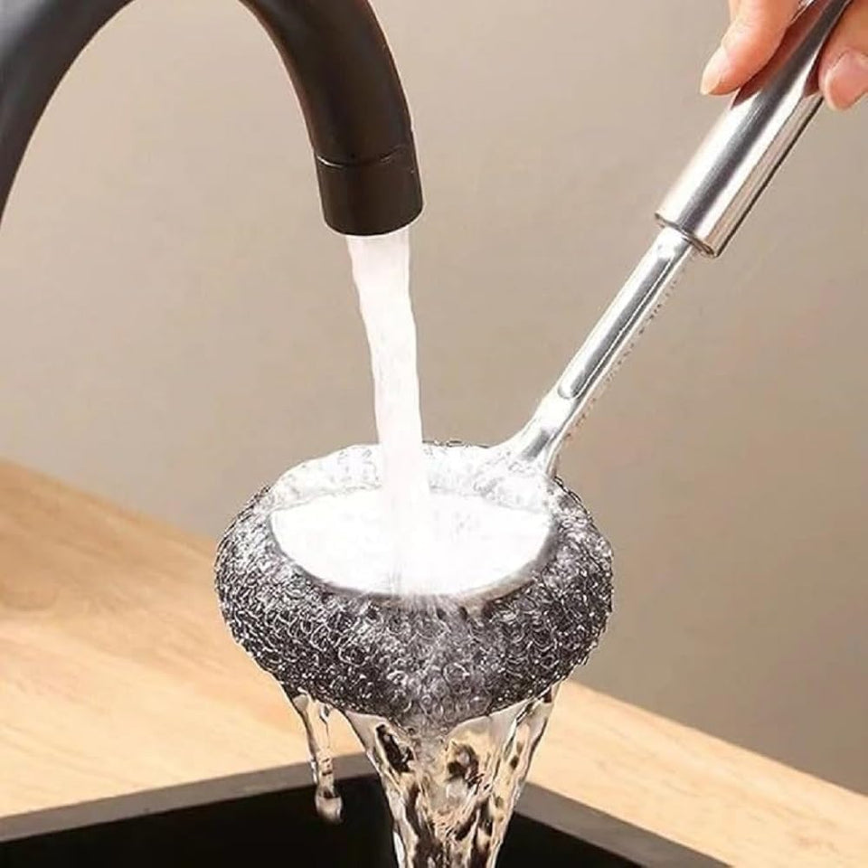 Stainless Steel Dish Cleaner Scrubber with Steel Handle