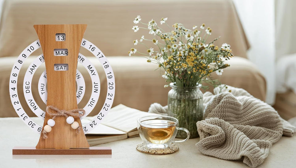Wooden Perpetual Calendar Manual Rotation Home Decoration