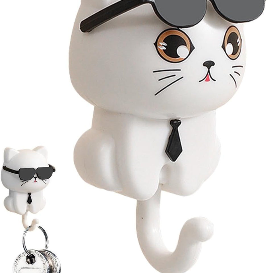 Adhesive  cat key hook with sunglasses