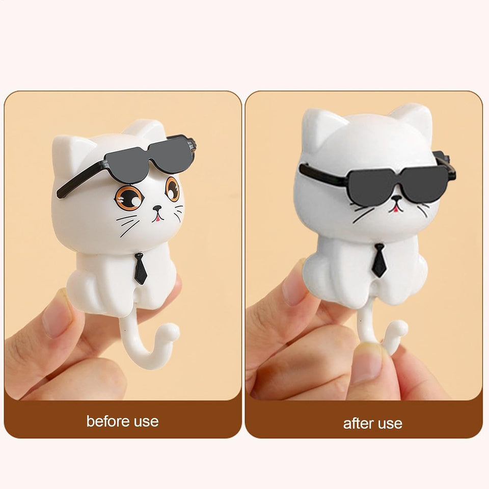 Adhesive  cat key hook with sunglasses