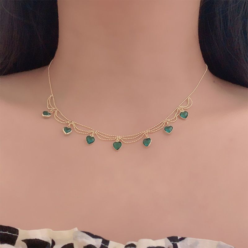 Heart-shaped Green Crystal Chain Necklace For Women
