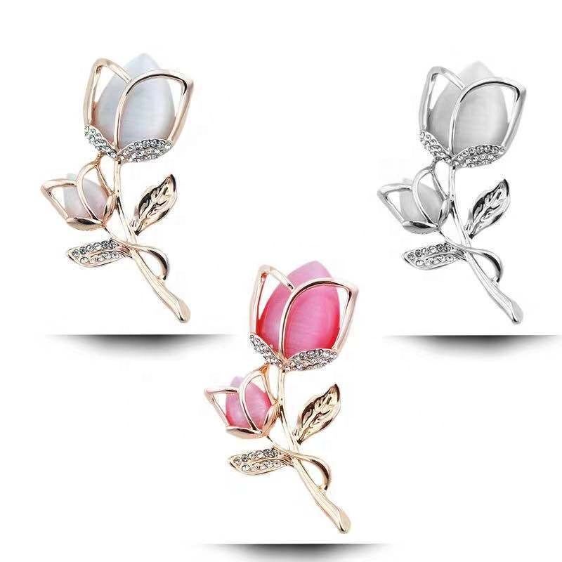Rose Flower Shape With Pink Tulip Opal Brooch for Women