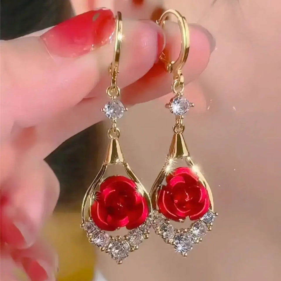 Retro-Style Unique Red Rose Earrings