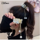 White Rhinestone Tassel Pearl Hair Claw Clip