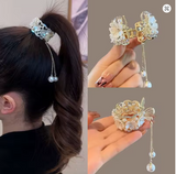 White Rhinestone Tassel Pearl Hair Claw Clip