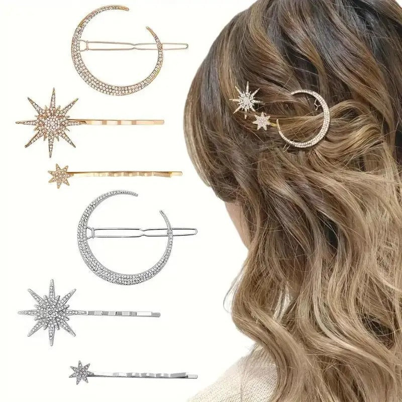 Rhinestone Star Moon Hair Clips Set